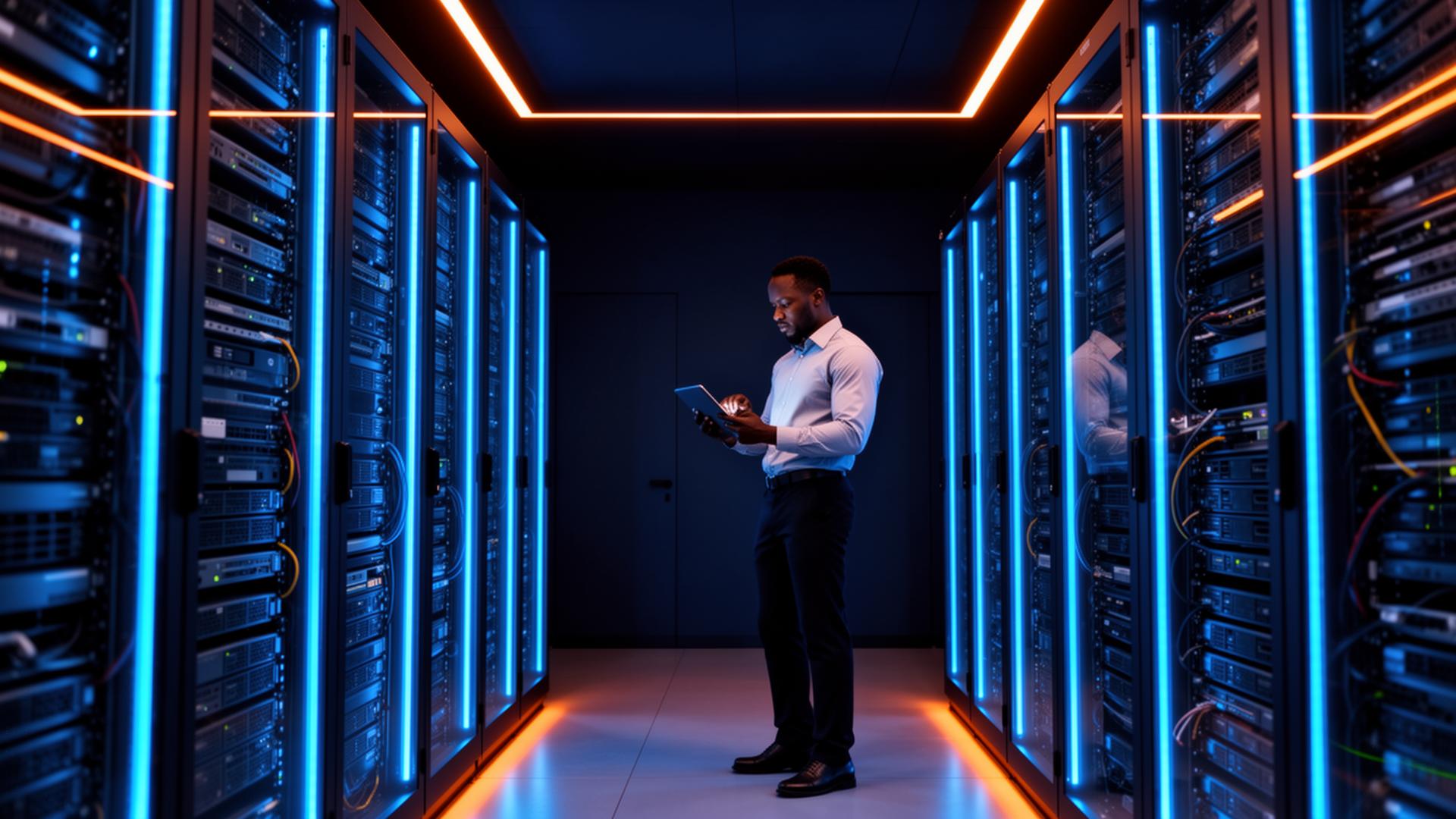 Technology specialist working in a modern server room